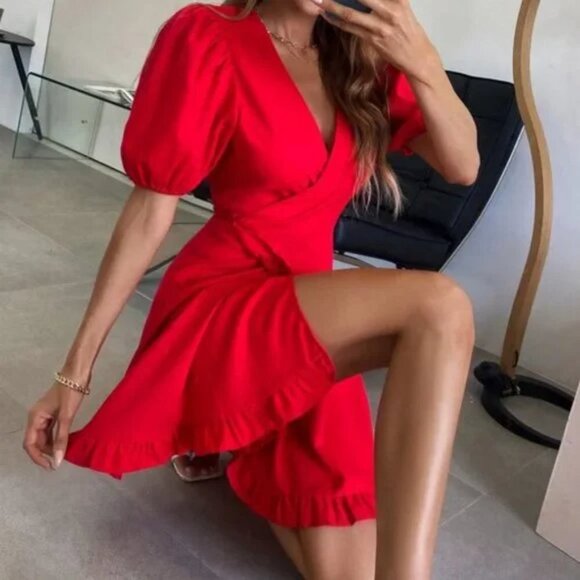 Puff Sleeved Ruffle Trim Wrap Dress - Picture 3 of 8